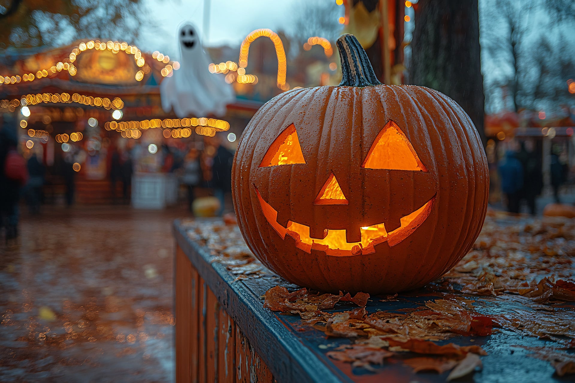 Carved and lit Halloween pumpkin with a little ghost and amusement park lights in the background